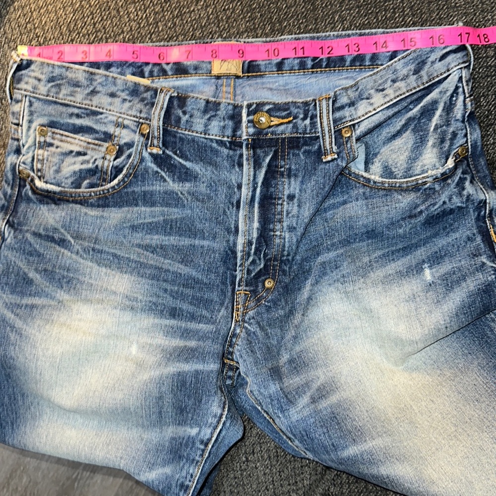 PRPS Barracuda Jean size 34x33.5, button fly closure, great indigo w/distressing